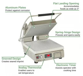 NEW STAR PGT14T SINGLE COMMERCIAL PANINI PRESS W/ ALUMINUM GROOVED PLATES